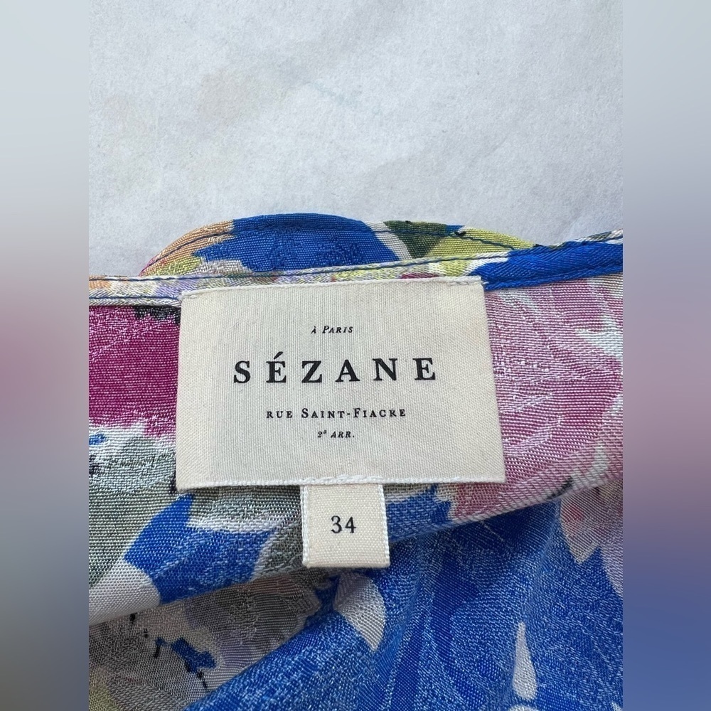 Sezane Asianne Wrap Blue Multicolor Floral Dress 34 US 2 Bohemian Coastal Ruffle - Picture 8 of 9